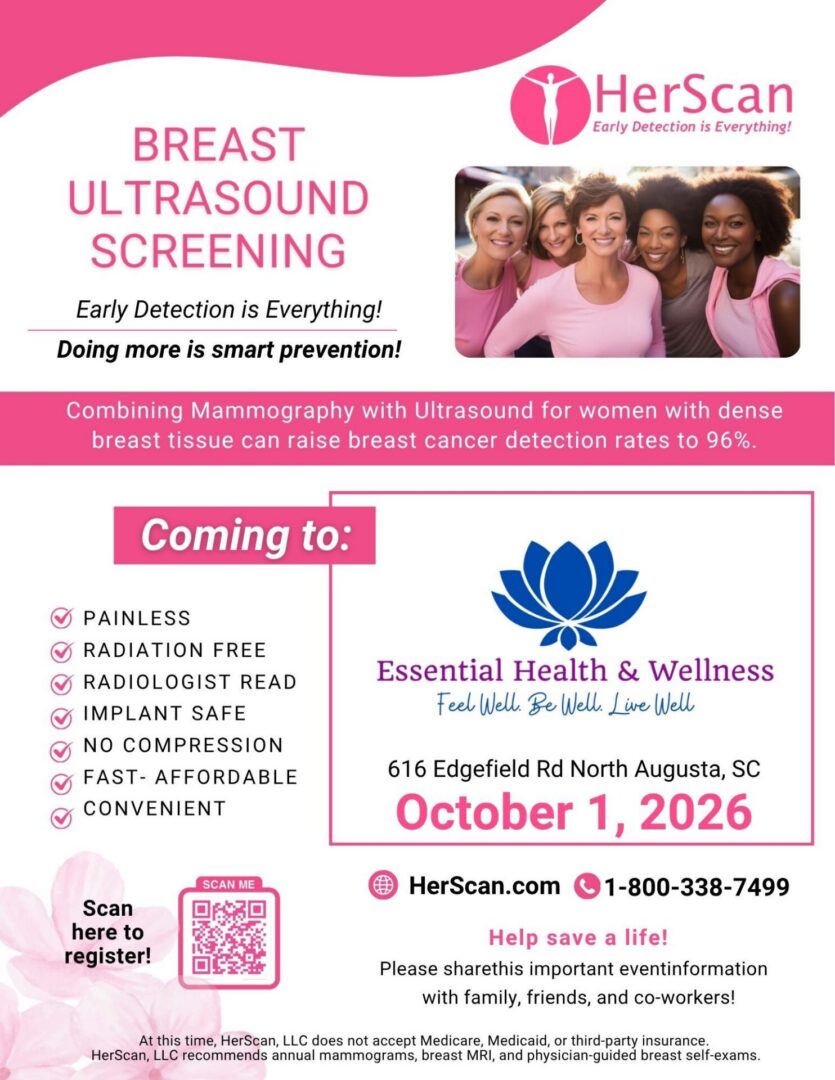 Breast ultrasound screening event at Essential Health and Wellness on October 1, 2026, from 10 AM to 4 PM.